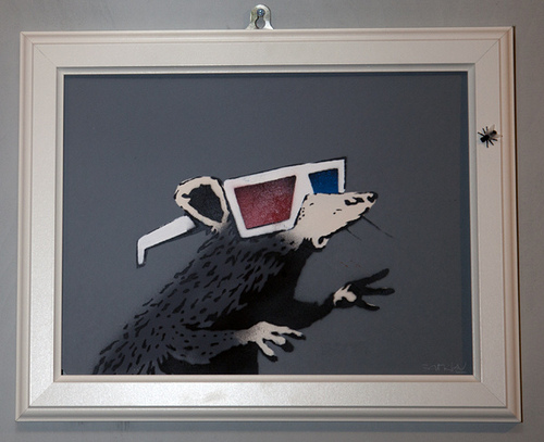 banksy rat stencil. Banksy rat with 3d glasses