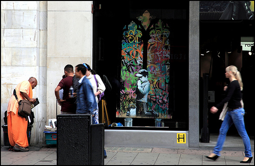 Banksy stained glass praying boy HMV