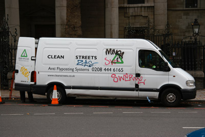 Graffiti cleaning van with graffiti