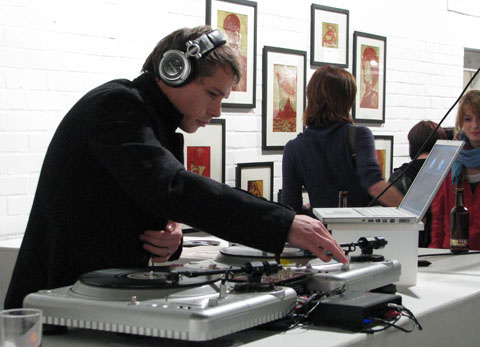 Shepard Fairey on the decks at the preview party for Nineteeneightyfouria