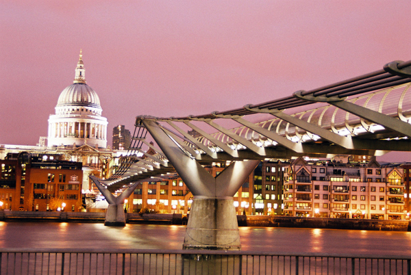 Millennium Bridge and St Pauls Cathedral at night