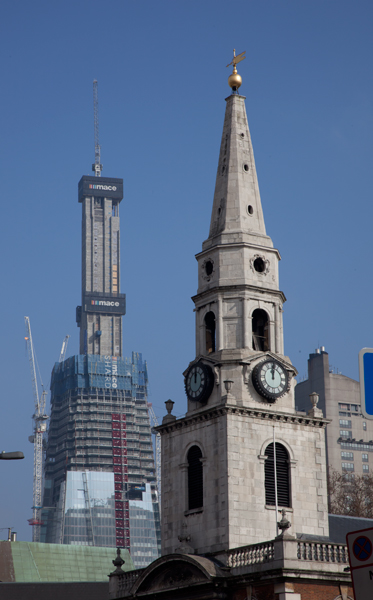 Construction of the Shard, London, showing cranes on top of the building