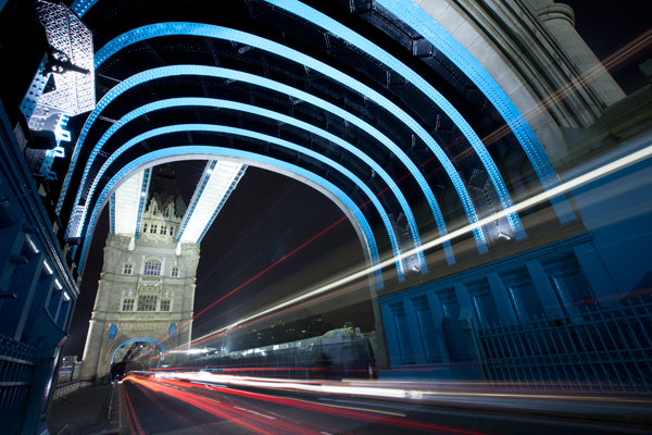 Light trails on Tower Bridge at night