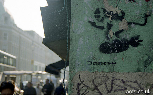 Banksy graffiti , Tottenham Court Road, London�