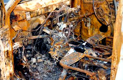Twisted metal, burnt out car, Feltham