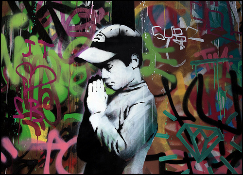 Banksy stained glass prayer boy HMV