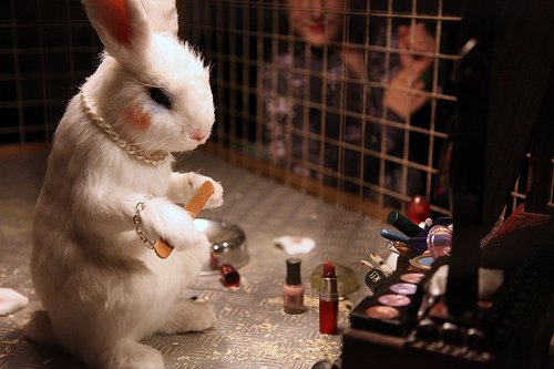 Banksy, rabbit wearing cosmetics