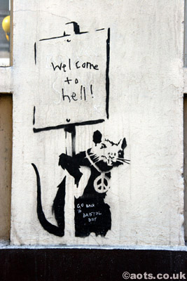 Banksy welcome to hell rat with placard