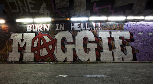 Burn In Hell Maggie graffiti in Leake Street, London