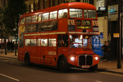 Routemaster bus at night