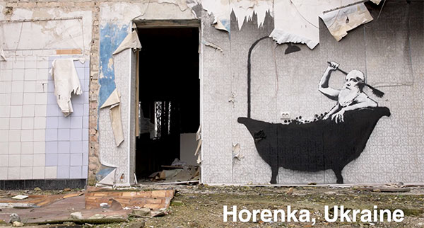 Banksy bath tub in Horenka, Ukraine