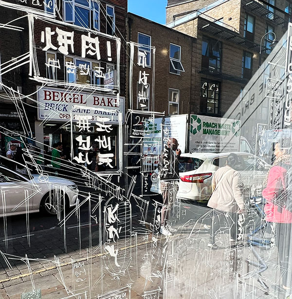 Dan Kitchener window drawing, Brick Lane Gallery