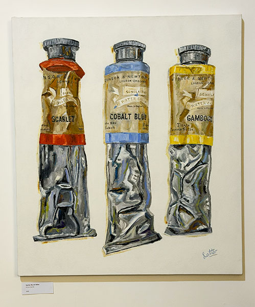 Scarlet, blue and yellow. Oil on canvas by Colin Latter